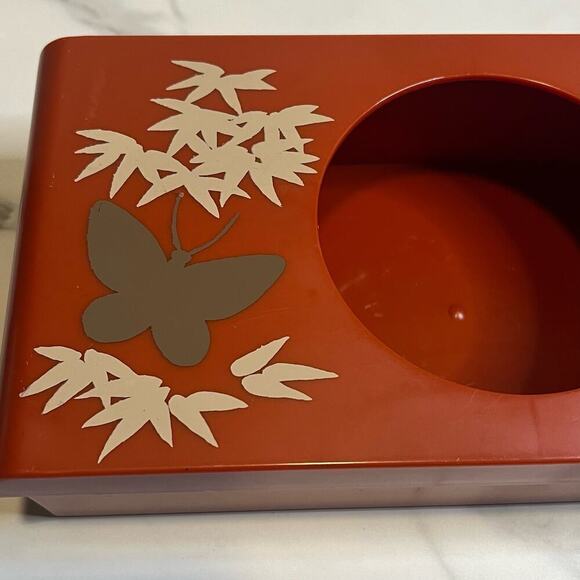 Vintage Retro Aquetta Ware Tissue Kleenex Holder Red Butterfly Floral Leaf MCM - Picture 3 of 13